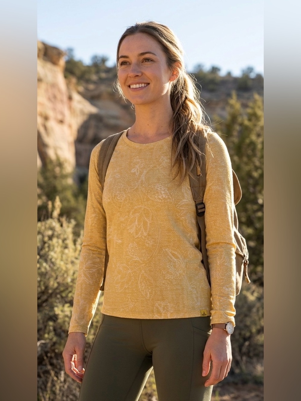 PrAna Yellow Floral Textured Long Sleeve Crewneck Top | Size XS Boho Hiking
